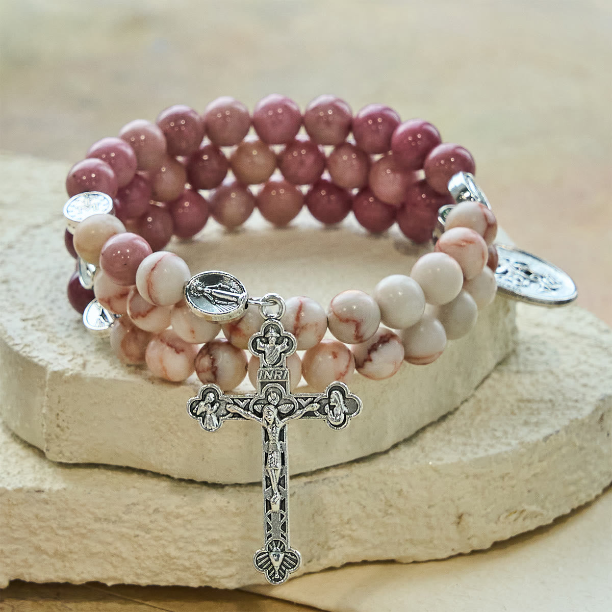 Rosewood Grain Memory Wire Rosary Bracelet with Marian Medals