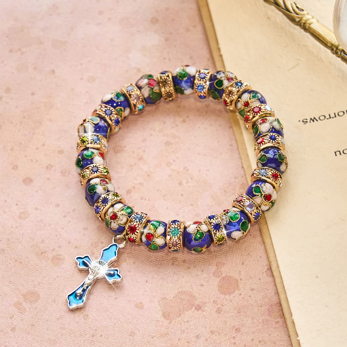 Blue Cloisonné Crucifix Bracelet – Handcrafted 10mm Beads on