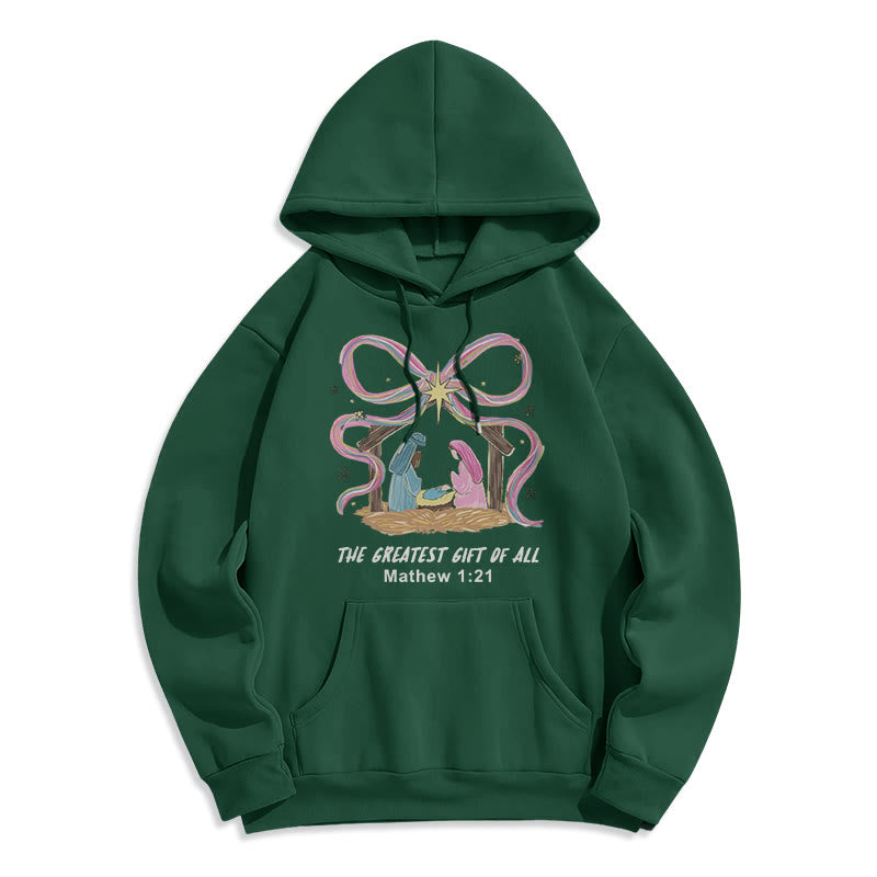 Christianartworkshop The Greatest Gift of All Christmas Fleece Lined Polyester Hoodie, Green / XL