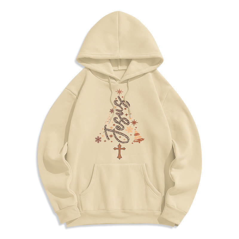 Christianartworkshop Jesus Christmas Tree Faith Fleece Lined Polyester Hoodie, Beige / S
