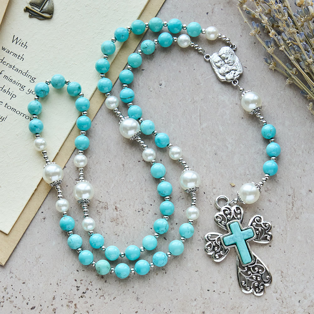 Turquoise Bead Rosary with Holy Family Medal & Inlaid Crucifix — 5