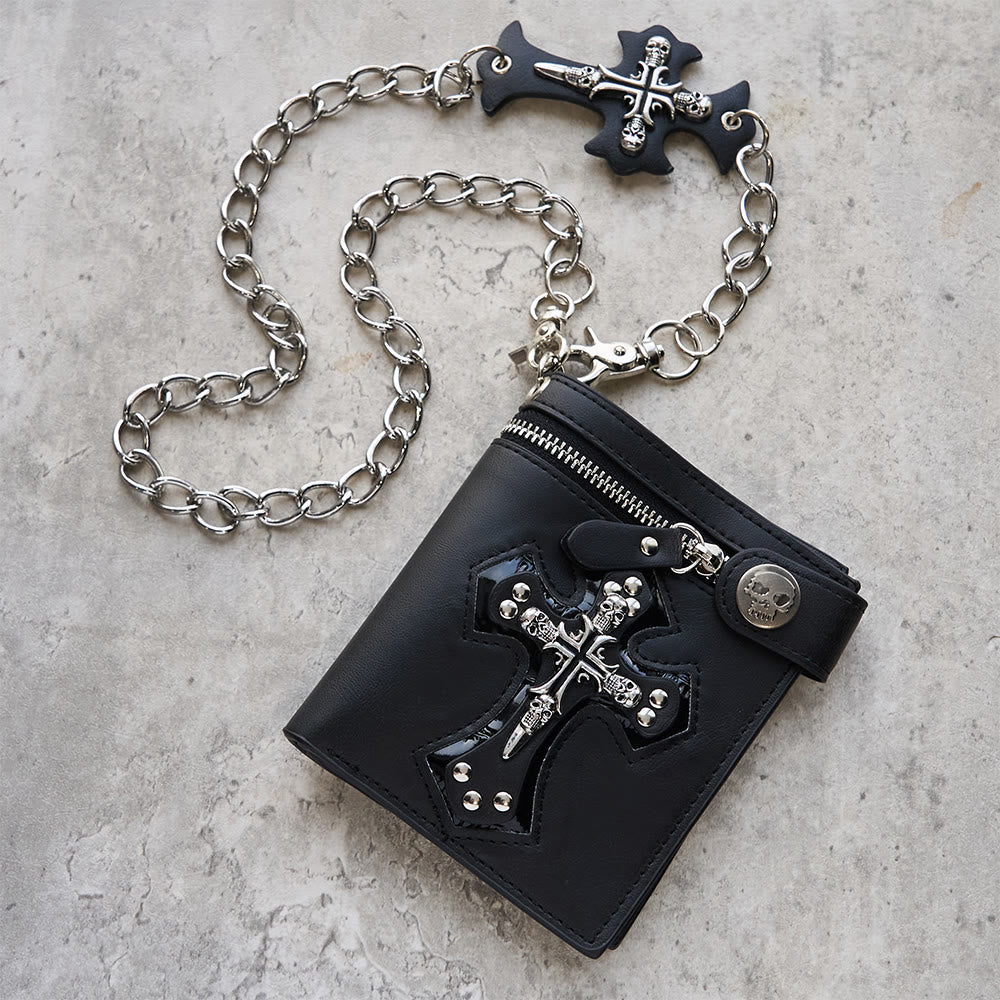 Cross & Skull Faith Wallet (Chain or Non-Chain) — PU Leather Biker