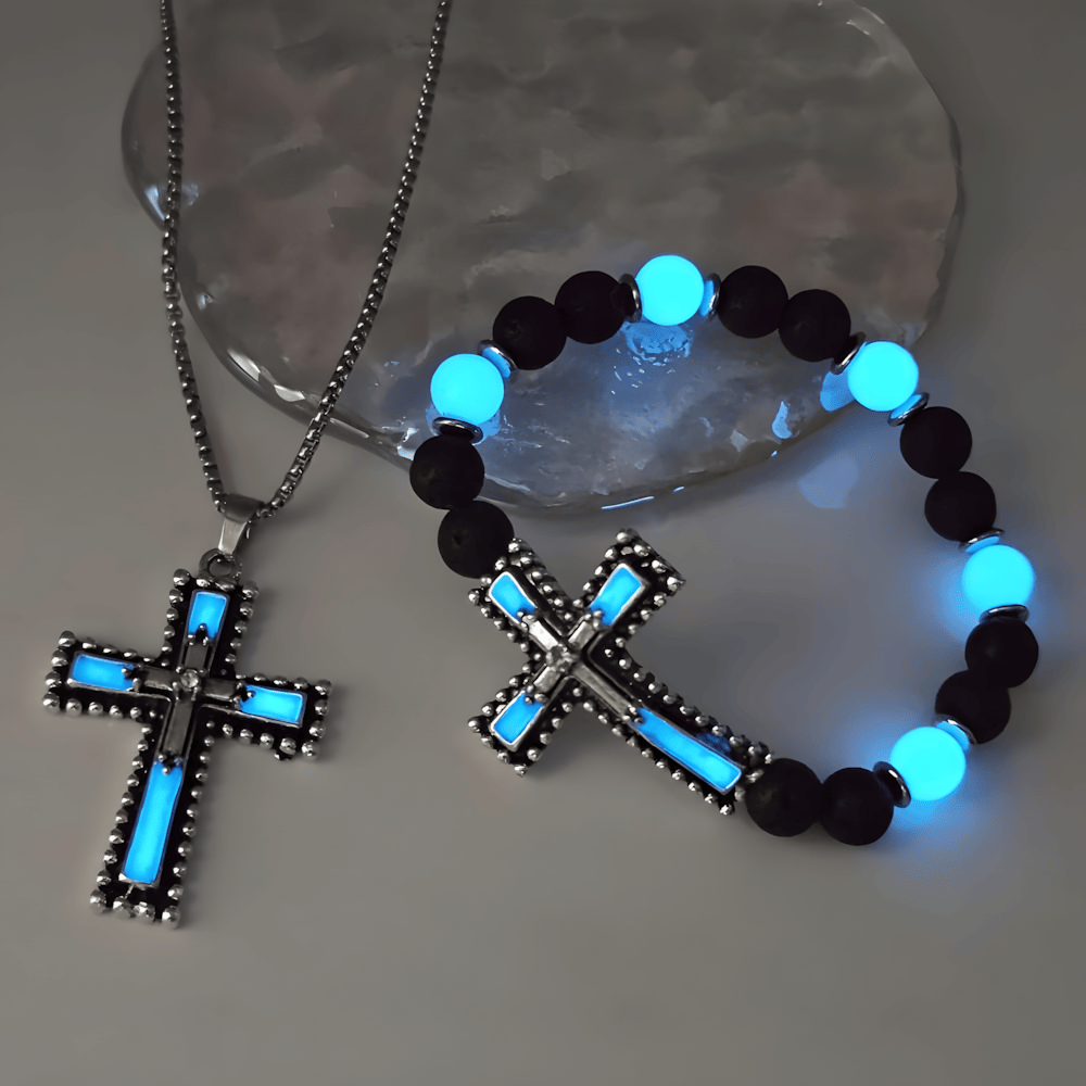 Glow-in-the-Dark Cross Necklace & Volcanic Stone Bracelet Set