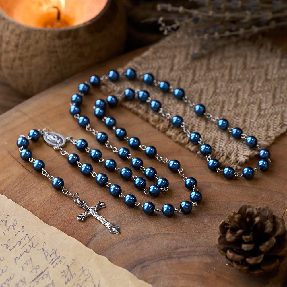 Royal Blue Pearl Rosary with Holy Mother Medal & Crucifix – 8mm
