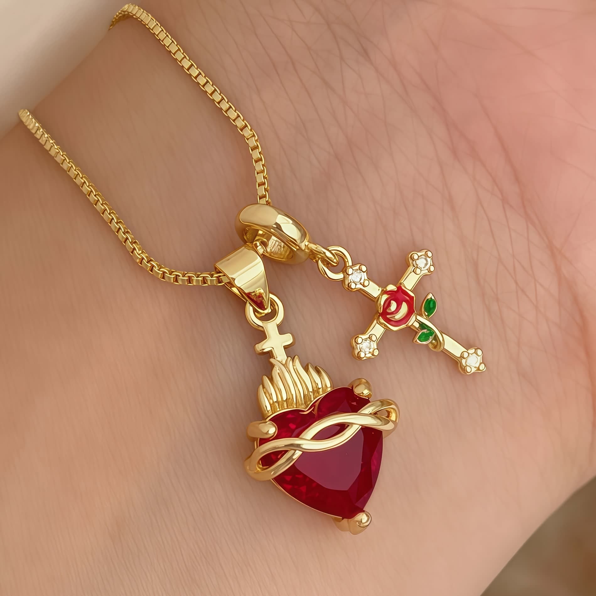 Sacred Heart & Rose Cross Pendant Necklace — Gold-Tone Christian