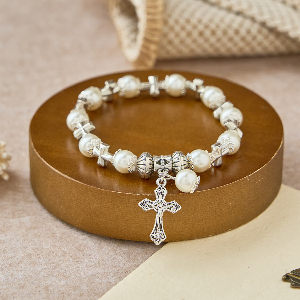 ChristianArtworkWorkshop Silver Cross Beaded Bracelet – White