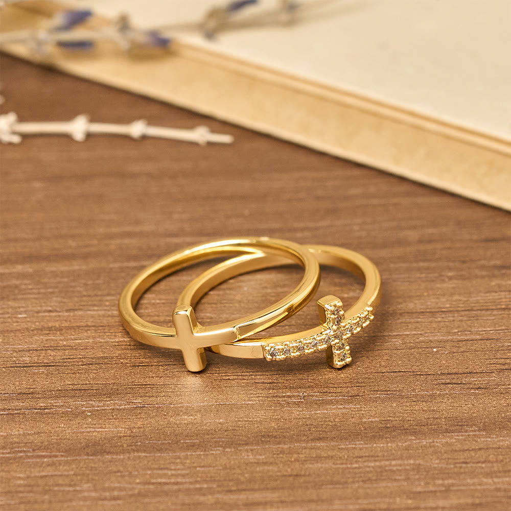 指輪・リング CROSS RING Showyrenzo EL Jewelry Christianartworkshop Dual Cross Ring Set - Polished Metal & Zircon