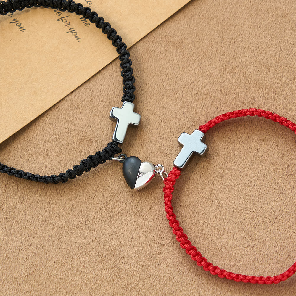 Magnetic Heart Cross Bracelet Set - Christian Couples Woven Cord