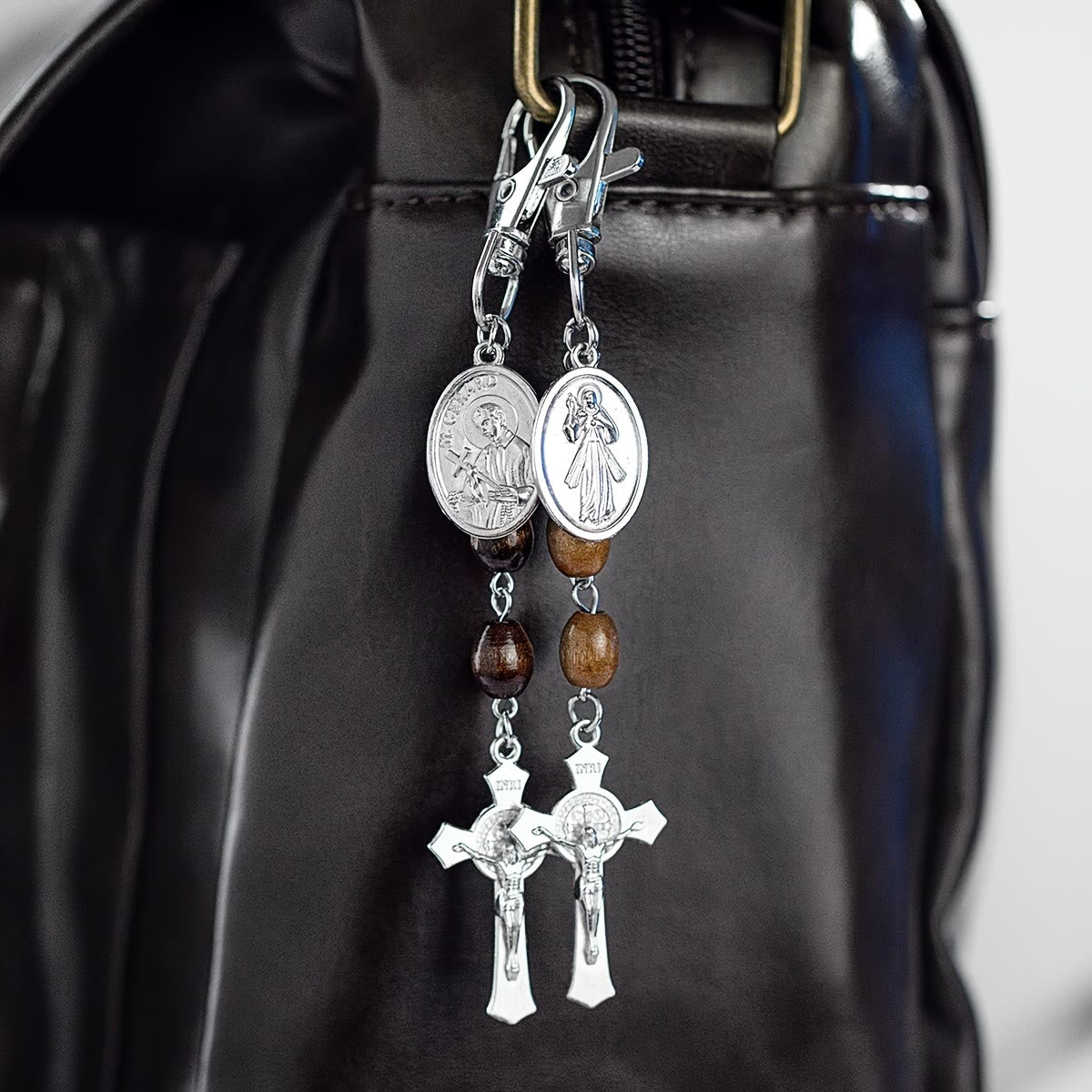 St. Gerard & Jesus Medallion Wood-Bead Crucifix Keychain
