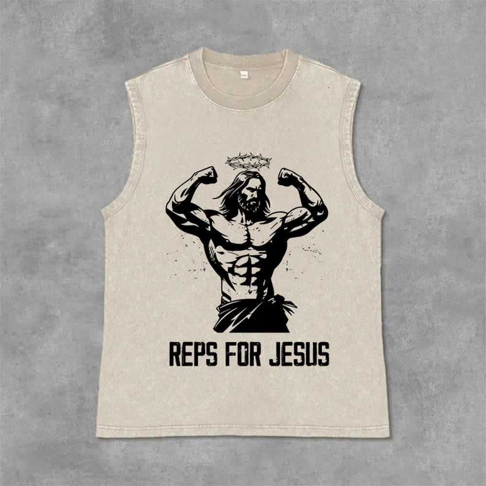 Muscular Jesus Crown of Thorns Unisex Washed Tank Top - 'REPS FOR
