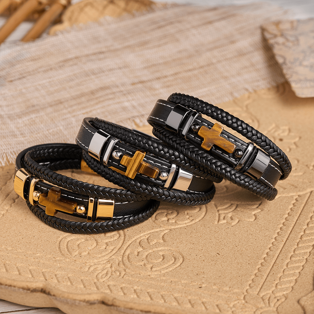 Christian Braided Leather Cross Bracelet with Stone Cross and