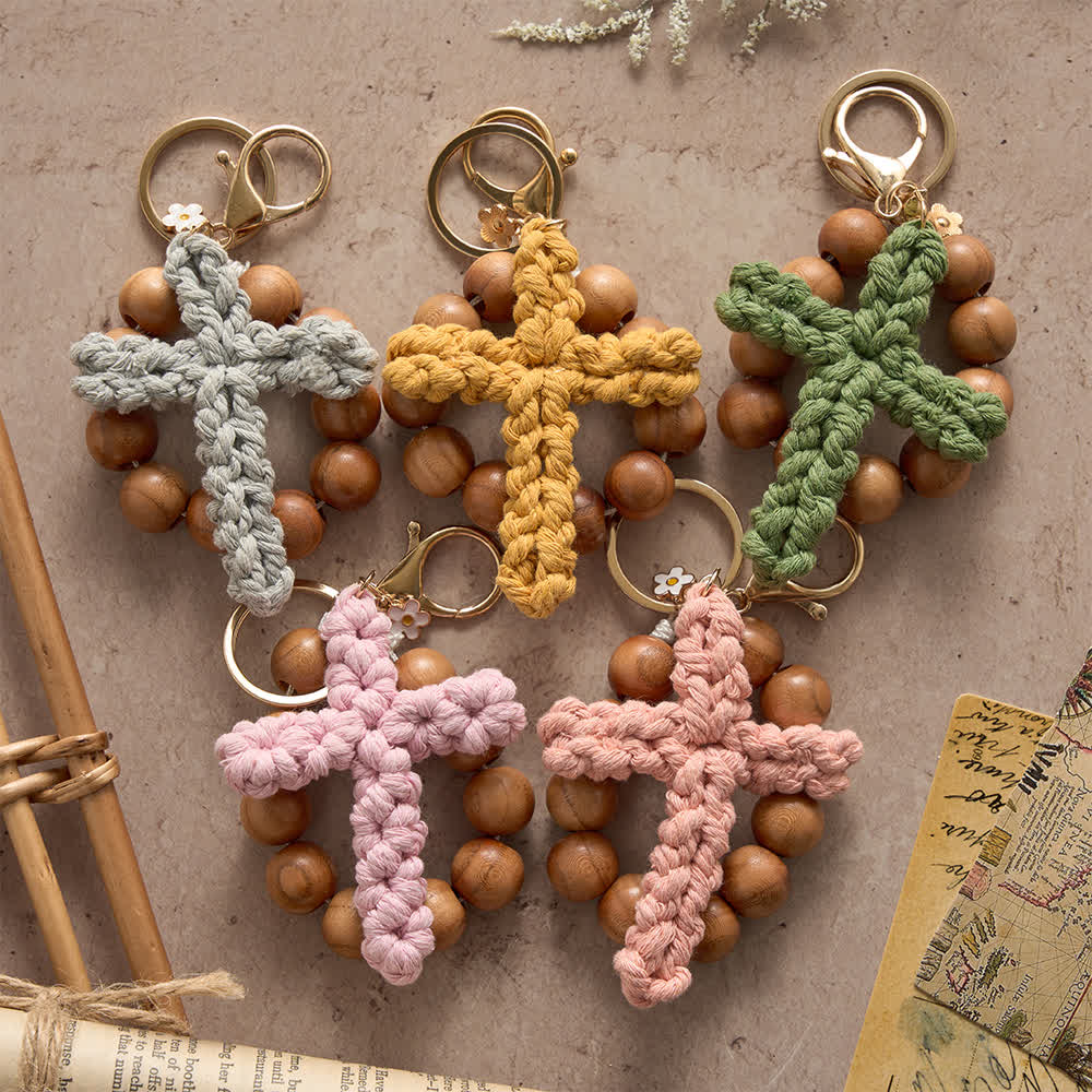 Peach Wood Bead Pocket Rosary Keychain with Handmade Multicolor