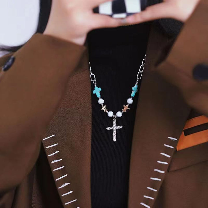 Christianartworkshop Hand-Crafted Turquoise Zircon Cross Titanium Bracelet/Necklace