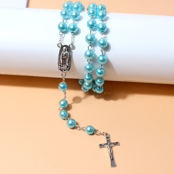 Virgin Mary Medal & Crucifix Pendant Pearl Necklace (4 colors for choice)