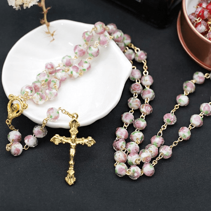 Christianartworkshop Flower Rose Glazed Beads Rosary with Mary & Crucifix