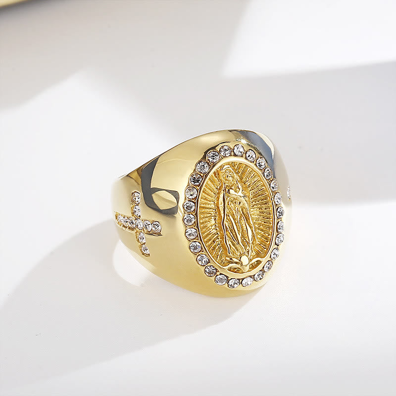 Christianartworkshop Virgin Mary Stainless Steel Ring Cross Sign Catholic Rings for Religious Jewelry