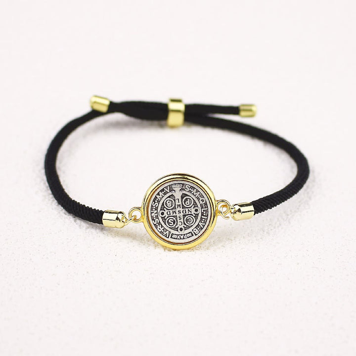 Christianartworkshop St. Benedict Medal Black Rope Cord Adjustable Bracelet