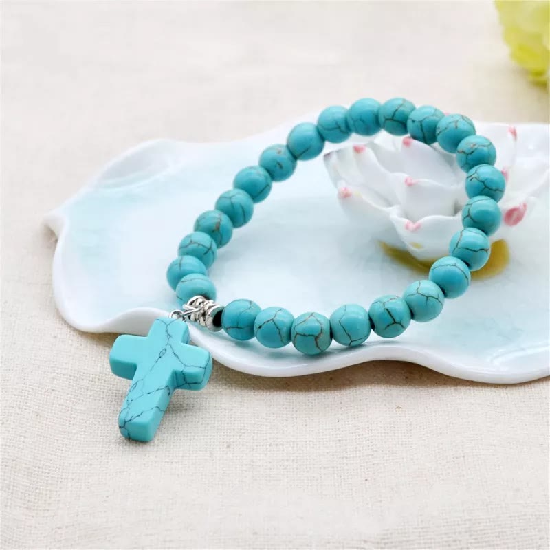Christianartworkshop Matte Frosted Turquoise Beads Crucifix Bracelet