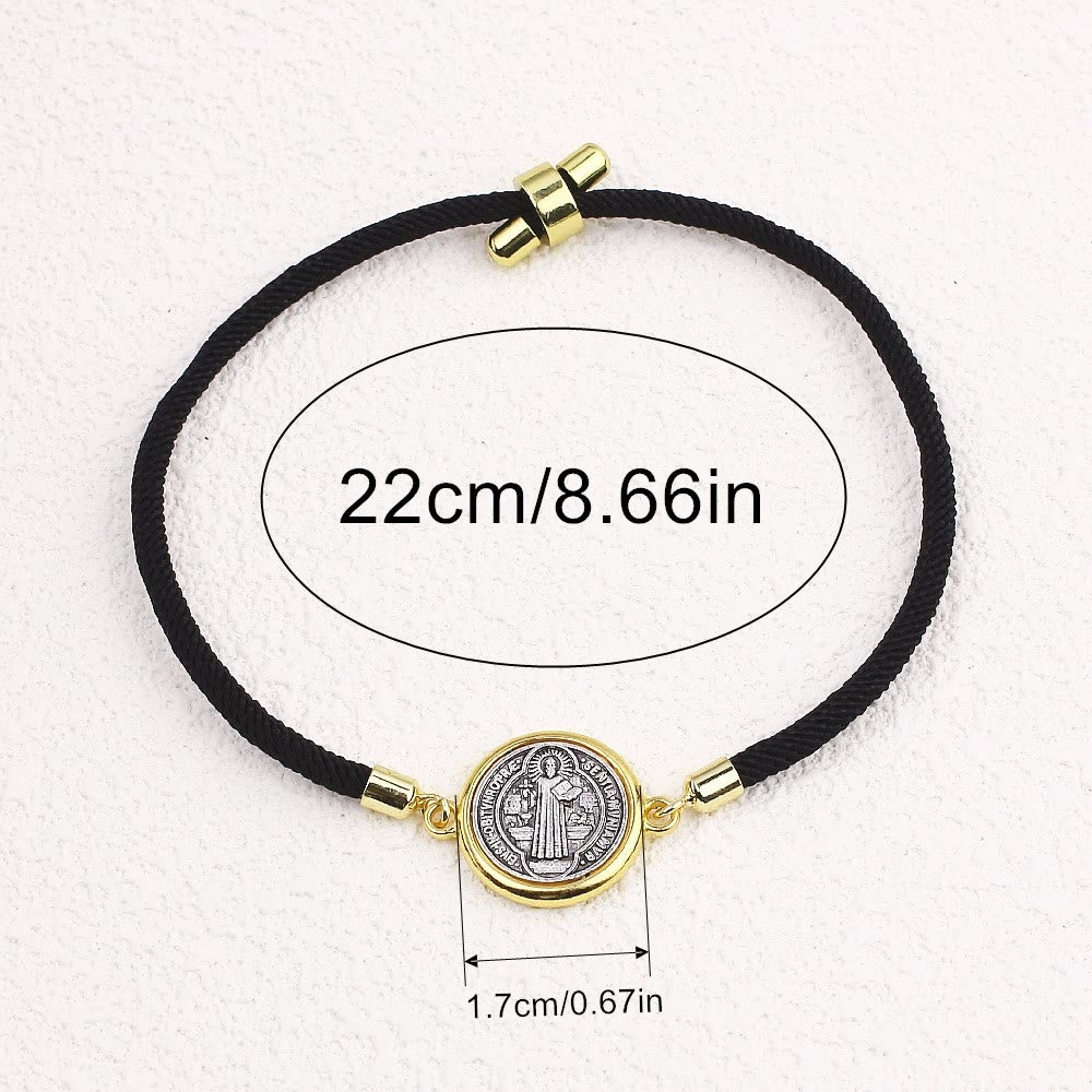 Christianartworkshop St. Benedict Medal Black Rope Cord Adjustable Bracelet