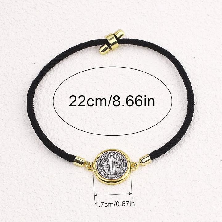Christianartworkshop St. Benedict Medal Black Rope Cord Adjustable Bracelet