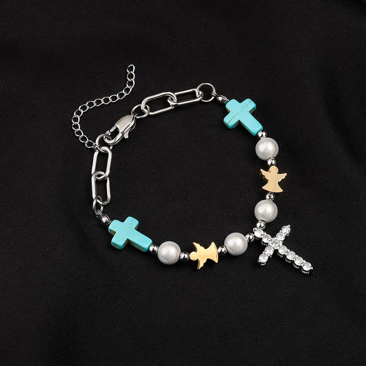 Christianartworkshop Hand-Crafted Turquoise Zircon Cross Titanium Bracelet/Necklace