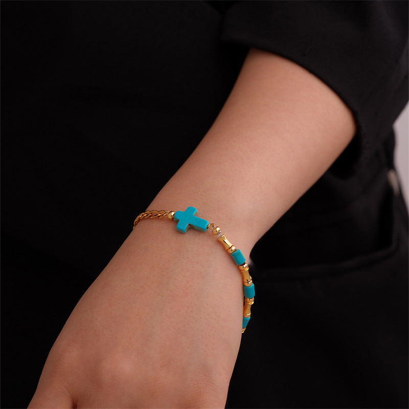 Christianartworkshop Niche Turquoise Cross Golden Chain Bracelet