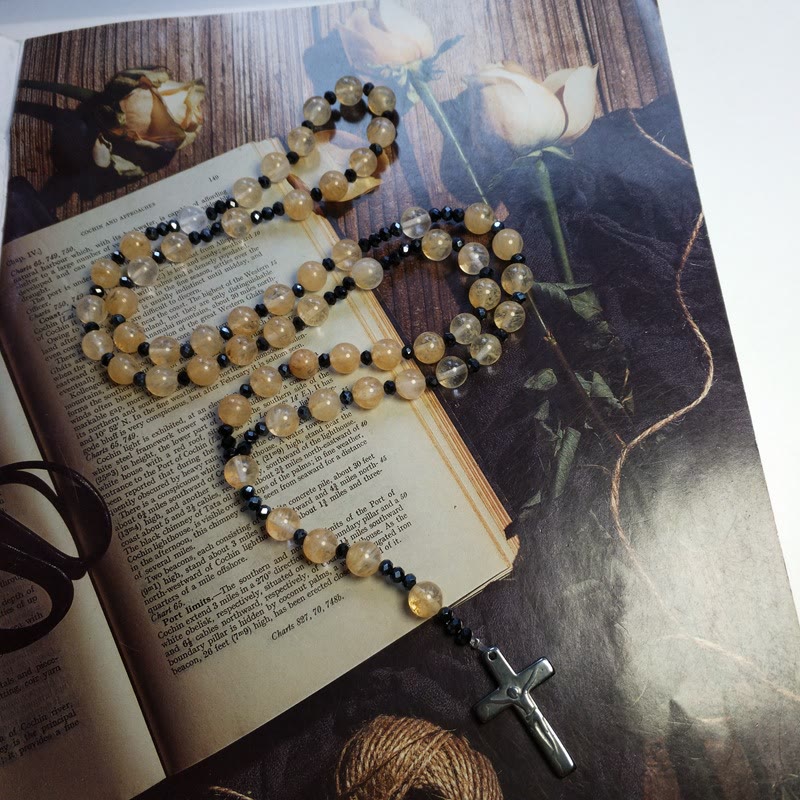 Christianartworkshop Crucifix 8 mm Round Gold Gem Nylon Cord Rosary