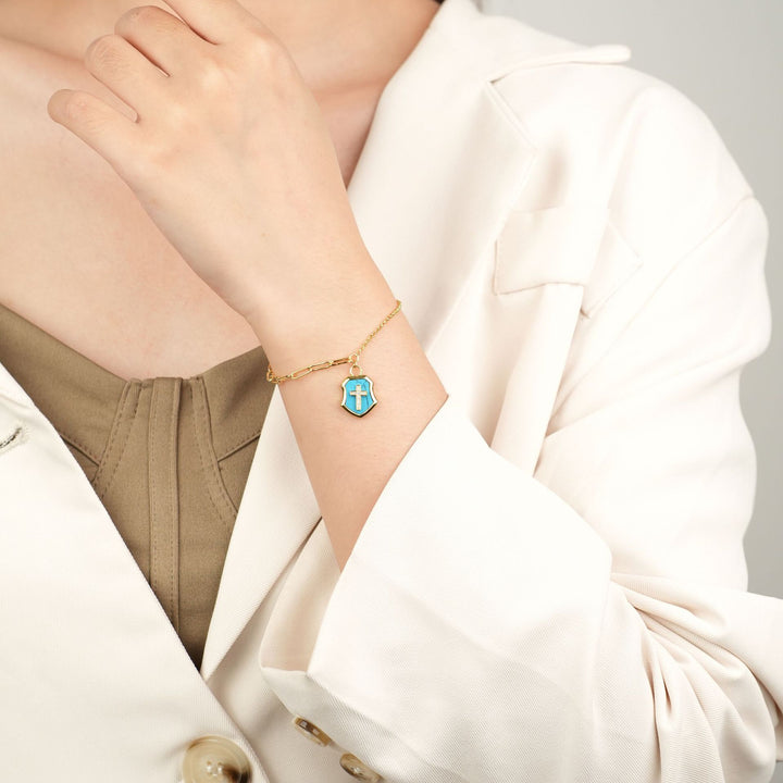 Christianartworkshop Turquoise Cross Shield Blessing Bracelet with Zircon Stones