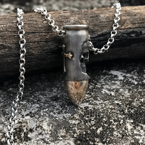 Christianartworkshop Skull and Crossbones Bullet Pendant Necklace