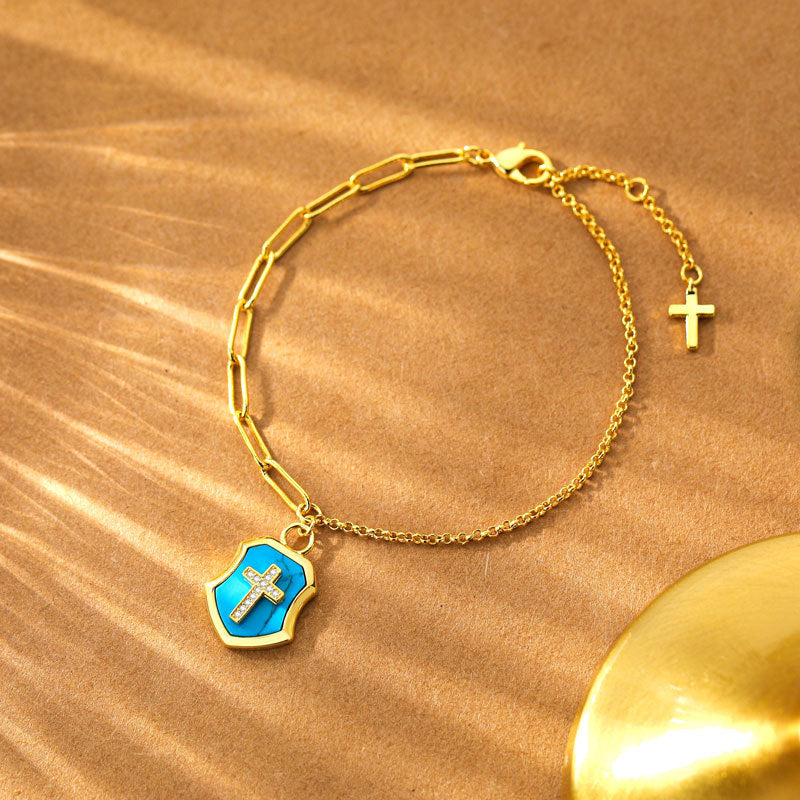 Christianartworkshop Turquoise Cross Shield Blessing Bracelet with Zircon Stones