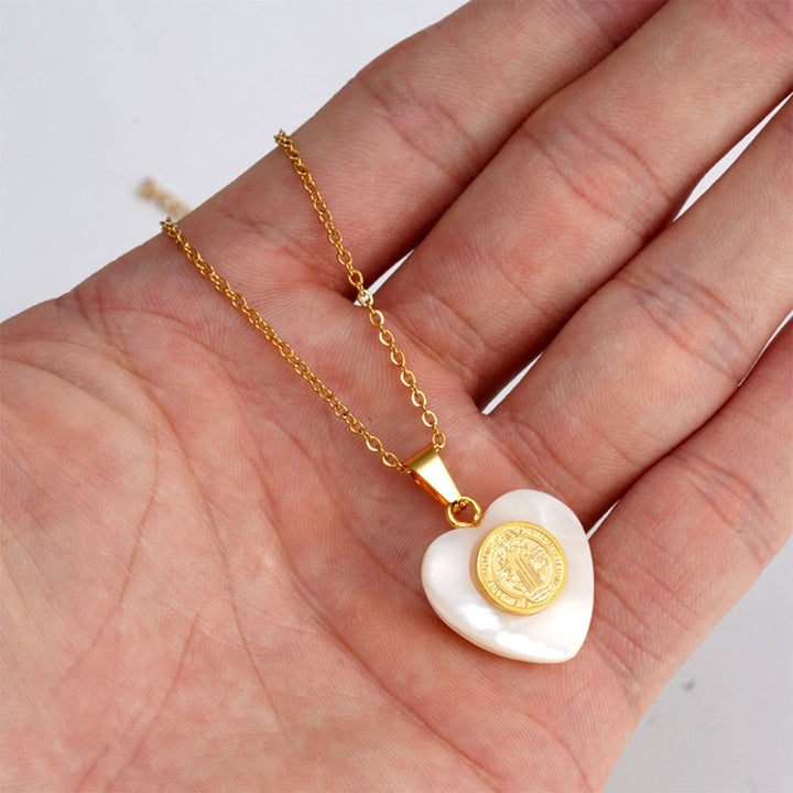 Christianartworkshop St. Benedict Medal Heart Shell Necklace