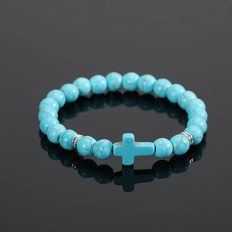Christianartworkshop Turquoise Round Bead Cross String Bracelet Jewelry