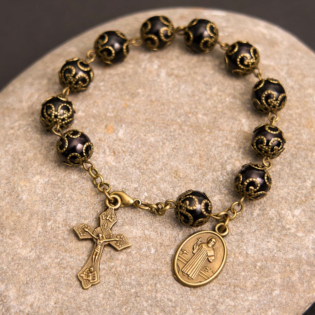 Christianartworkshop Crafted Retro Black St. Benedict Medal & Crucifix Rosary Bracelet
