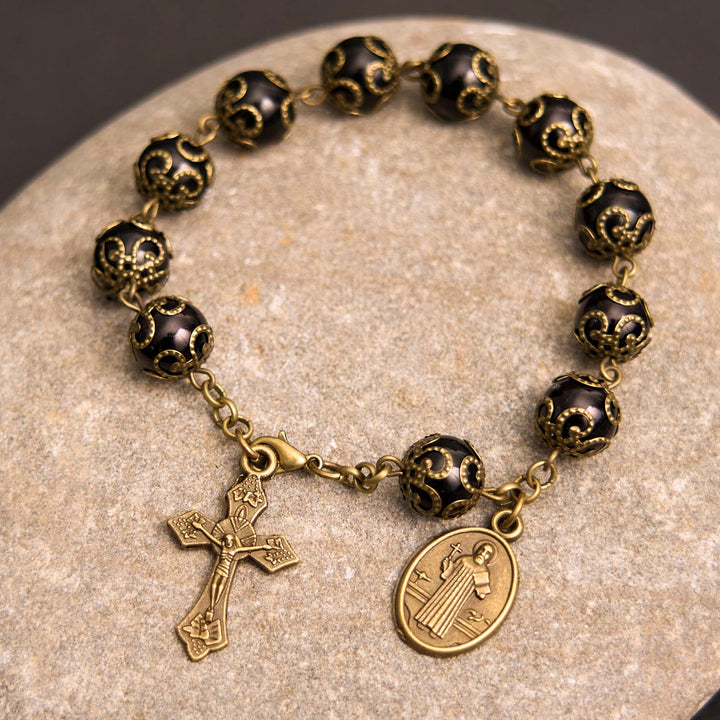 Christianartworkshop Crafted Retro Black St. Benedict Medal & Crucifix Rosary Bracelet
