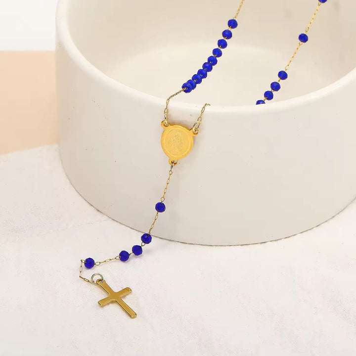 Christianartworkshop Virgin Mary Medal & Cross Pendant Glass Beads Necklace