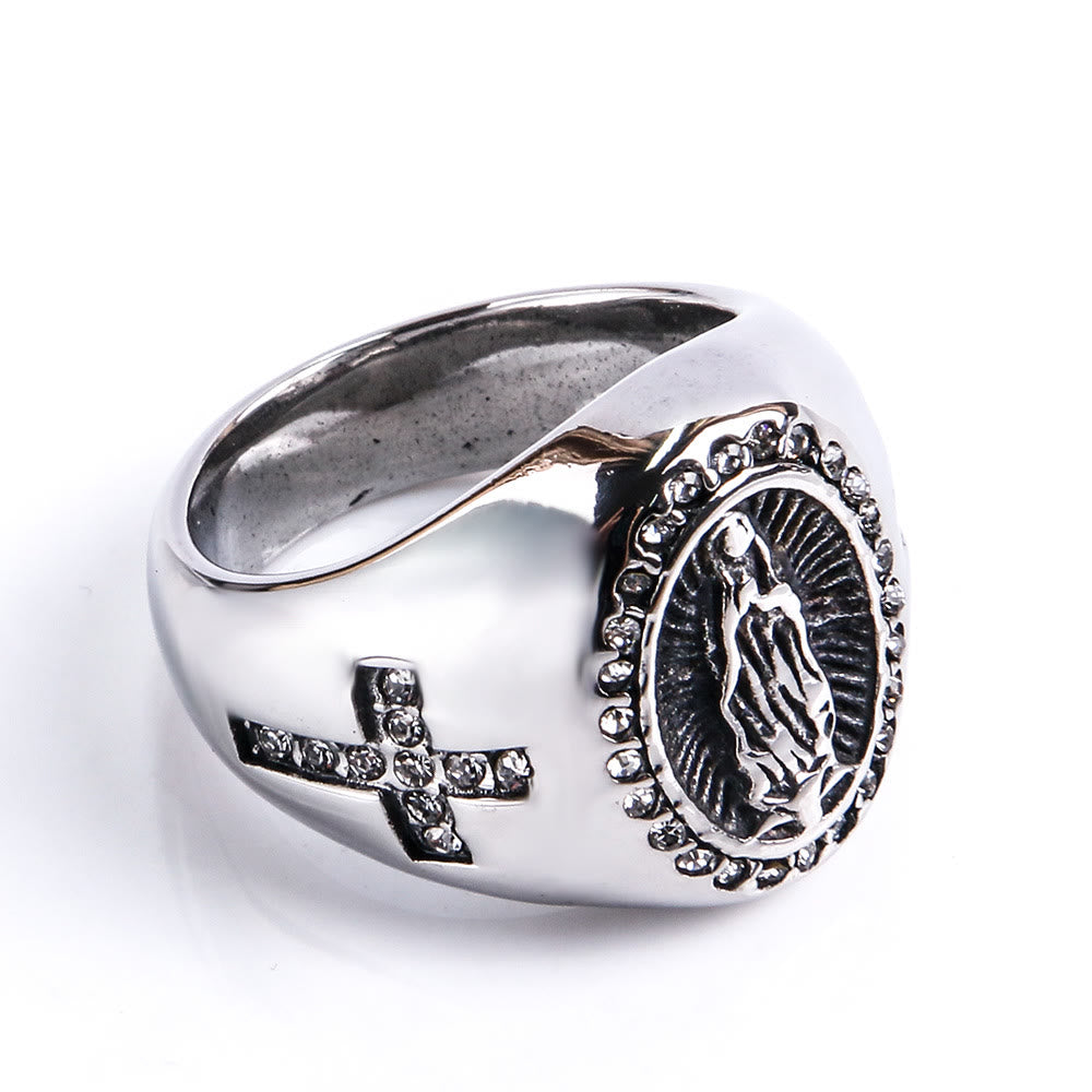 Christianartworkshop Virgin Mary Stainless Steel Ring Cross Sign Catholic Rings for Religious Jewelry
