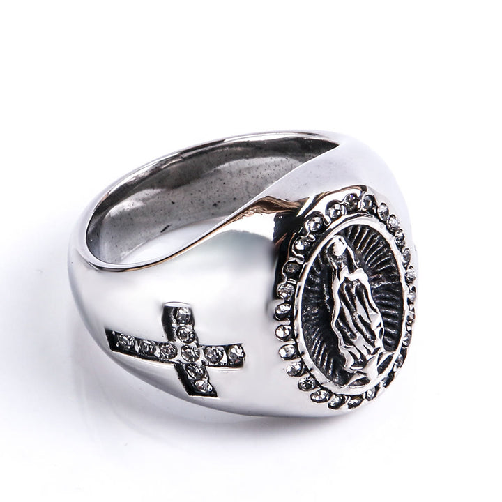 Christianartworkshop Virgin Mary Stainless Steel Ring Cross Sign Catholic Rings for Religious Jewelry