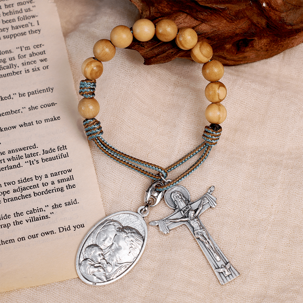 Mary Joseph with Baby Jesus Medal & Holy Trinity Cross Olive Wood