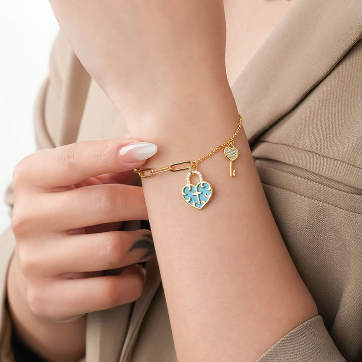 Christianartworkshop Turquoise Cross Heart-Lock Bracelet with Zirconia Key