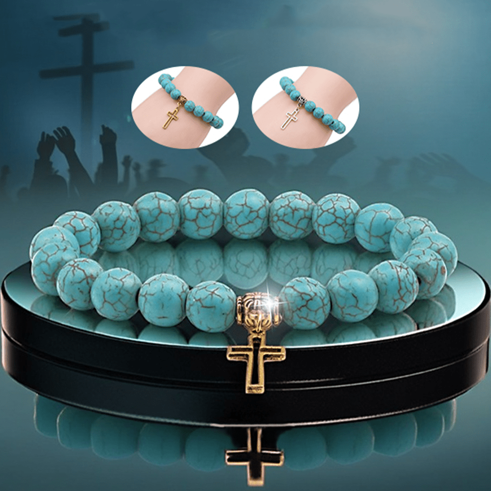 千ブレスレット Christianartworkshop 10mm Turquoise Beads Christian Cross Bracelet