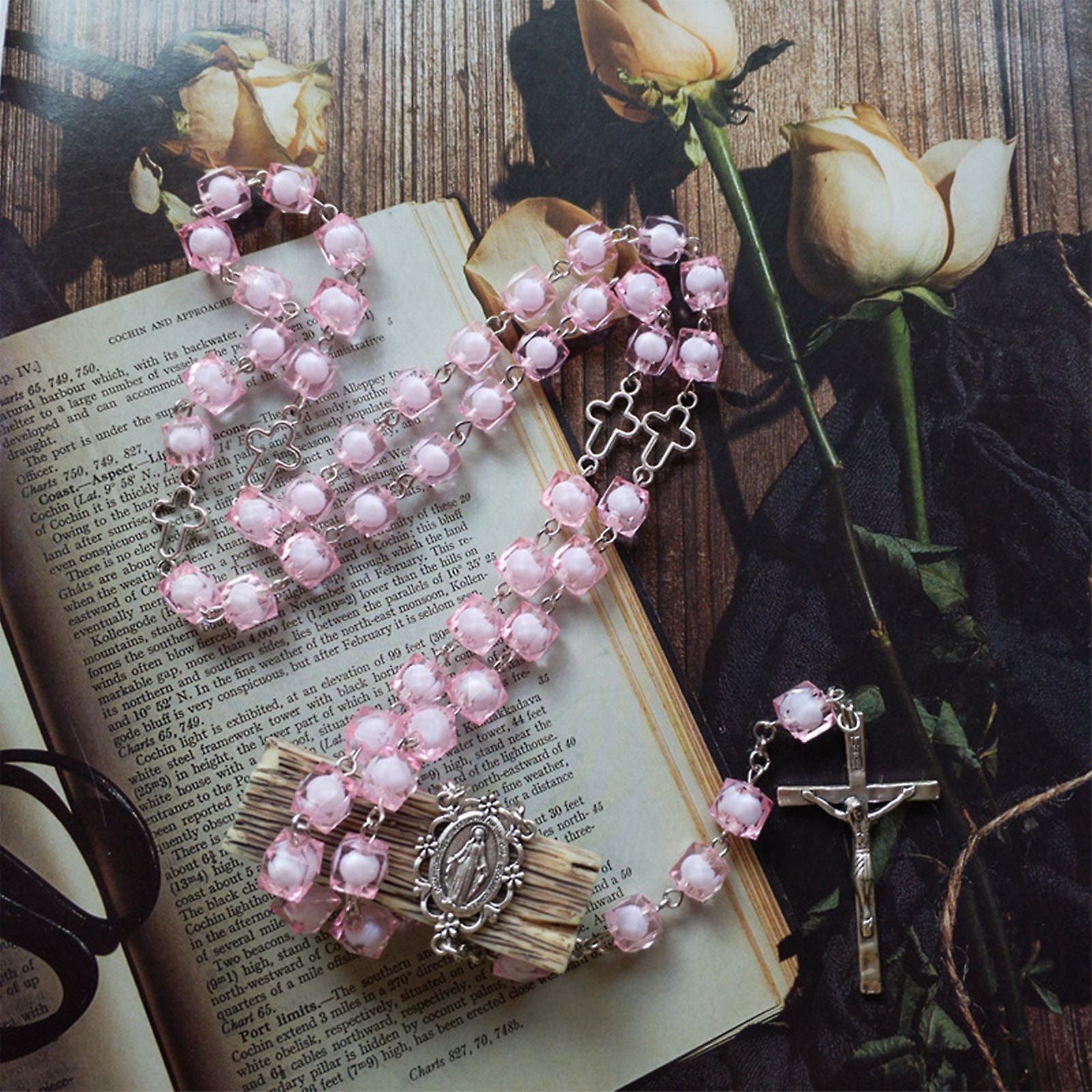 Miraculous Medal & Crucifix Pink 8mm Square Acrylic Rosary – Five