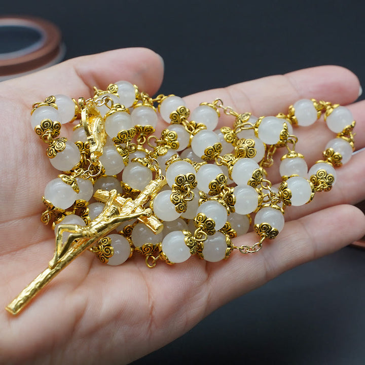 Christianartworkshop Faith & Charity: Natural White Chalcedony Catholic Rosary