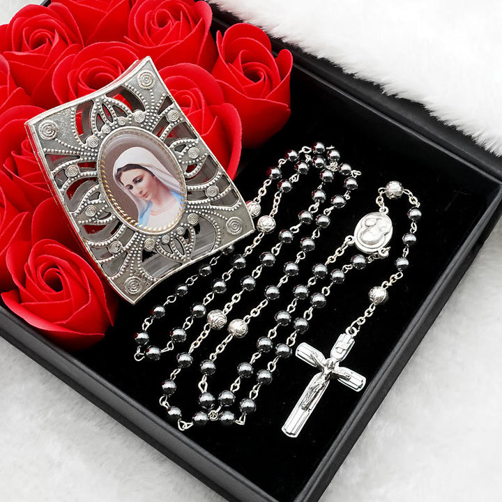 Christianartworkshop Hematite Rosary with Blessed Virgin Mary Medal