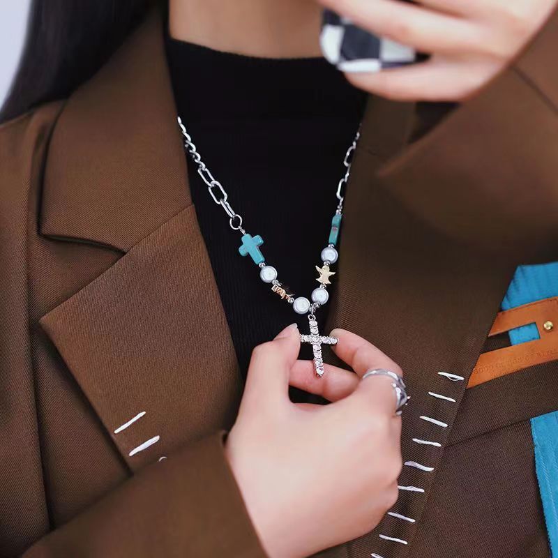 Christianartworkshop Hand-Crafted Turquoise Zircon Cross Titanium Bracelet/Necklace
