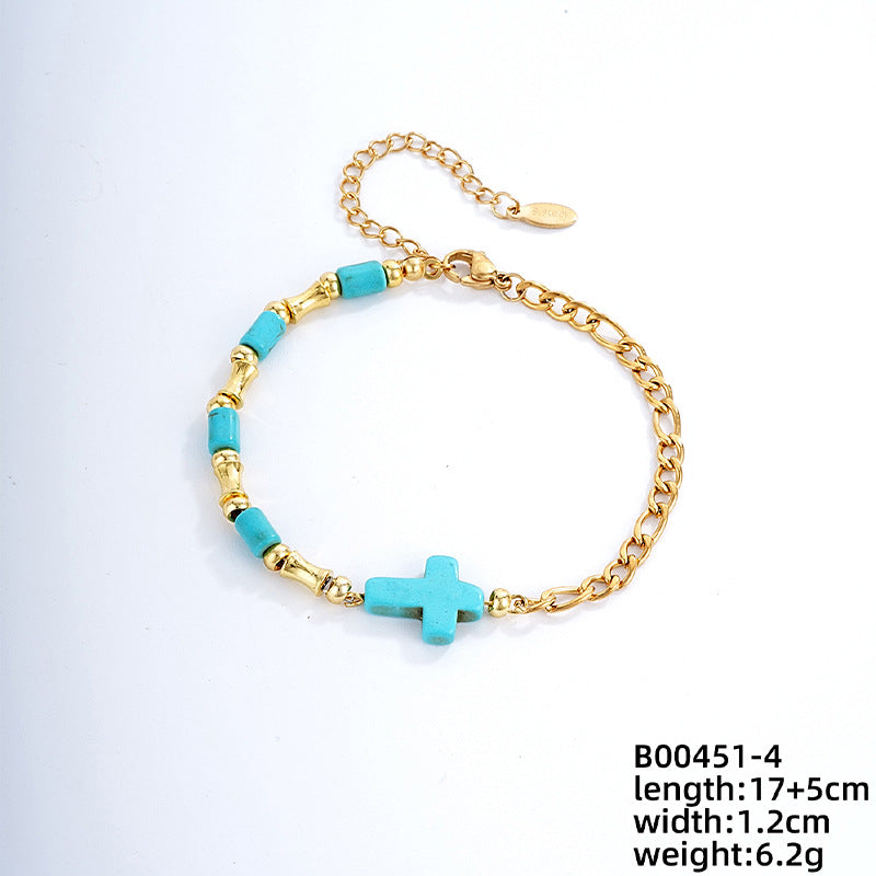 Christianartworkshop Niche Turquoise Cross Golden Chain Bracelet