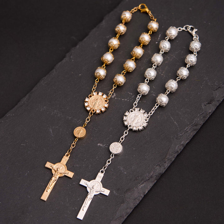 Christian Glass Beads St. Benedict & Jesus Cross Bracelet Rosary