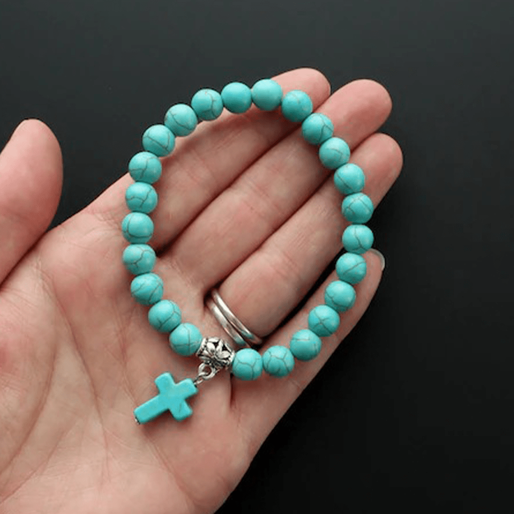 Christianartworkshop Matte Frosted Turquoise Beads Crucifix Bracelet