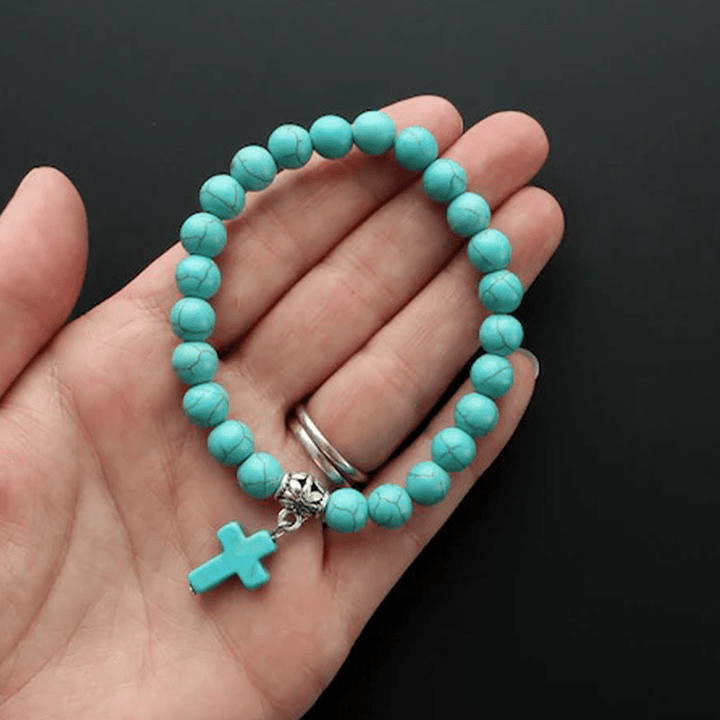 Christianartworkshop Matte Frosted Turquoise Beads Crucifix Bracelet