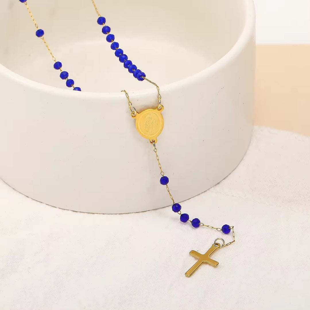 Christianartworkshop Virgin Mary Medal & Cross Pendant Glass Beads Necklace
