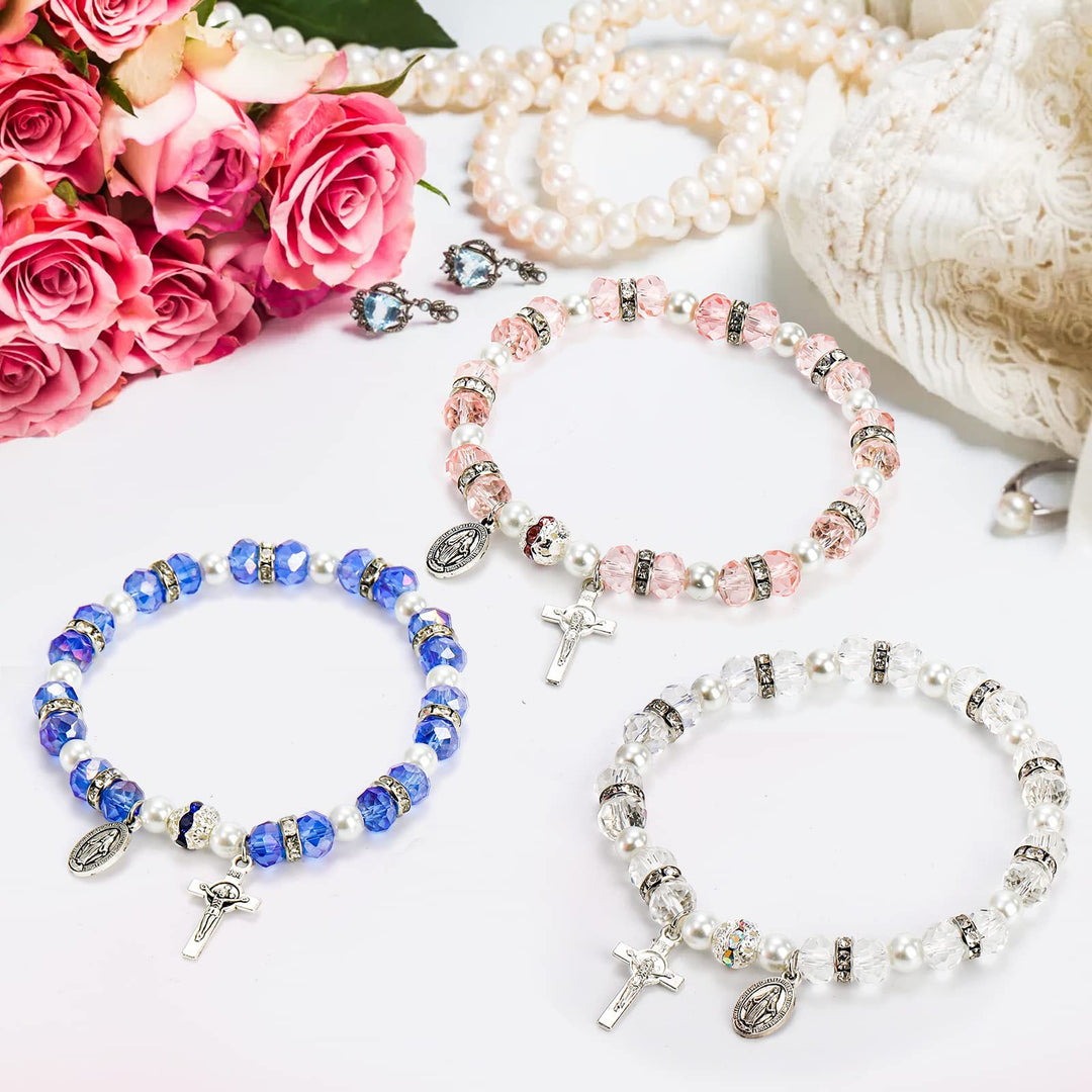 Christianartworkshop Crystal Beads Stretch Bracelet with Crucifix and Miraculous Medal
